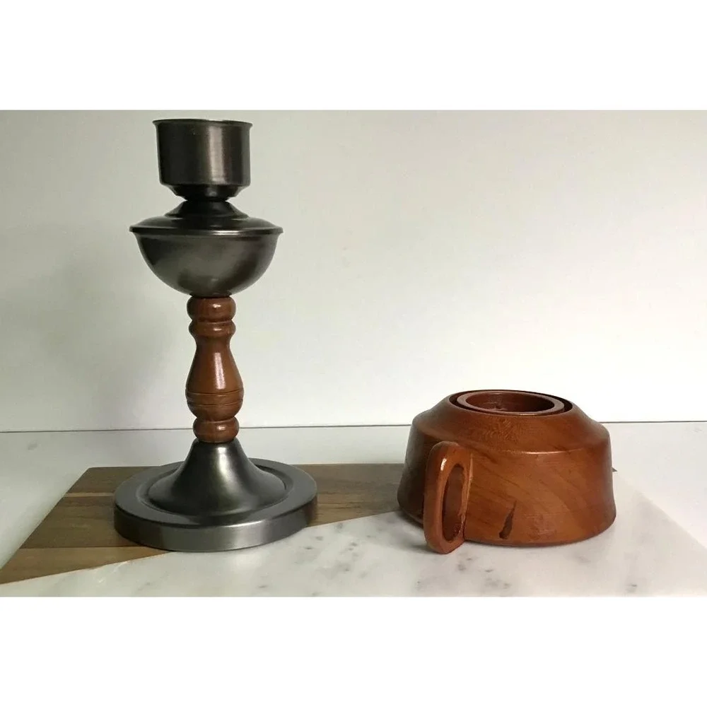 Vintage Pewter and Wood Candlestick & Cherry Wood Hand Turned Chamberstick 1977